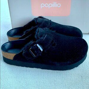 Birkenstock Papillio Boston Clog Sandals Lined Black Fuzzy Size 38 Sold Out!